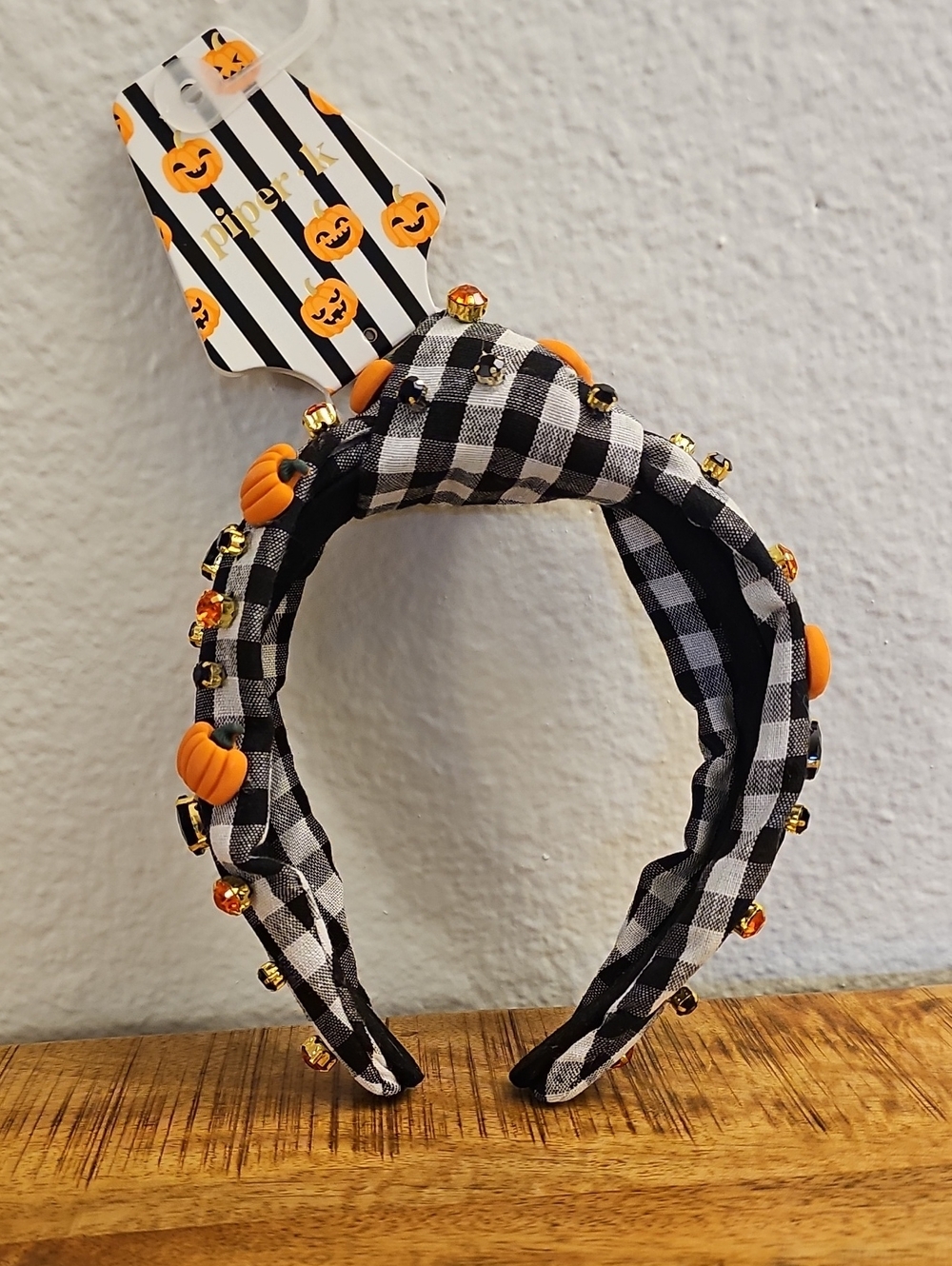 NWT Piper K Halloween Gingham Knotted Jeweled Headband Pumpkin Crystal Plaid